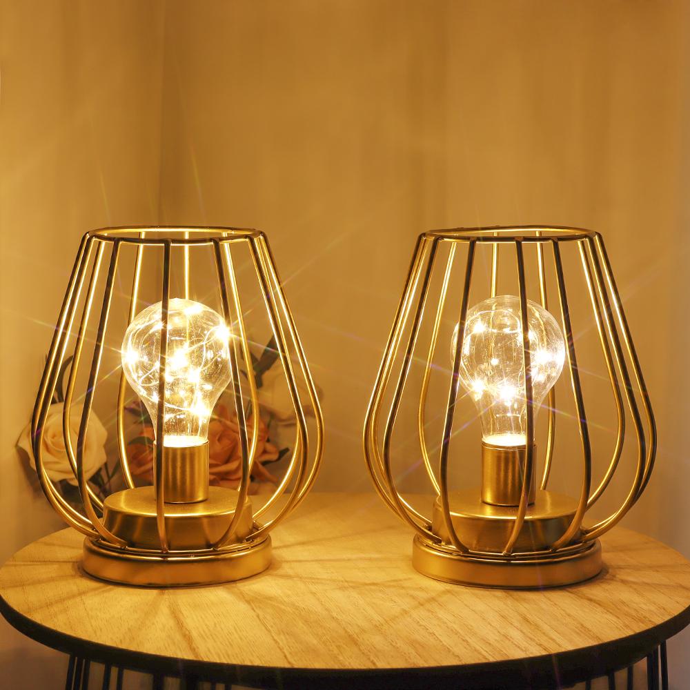 Set of Two Gold Metal Cage Lamp Round Table Lamp for Holiday Decor (2pcs)