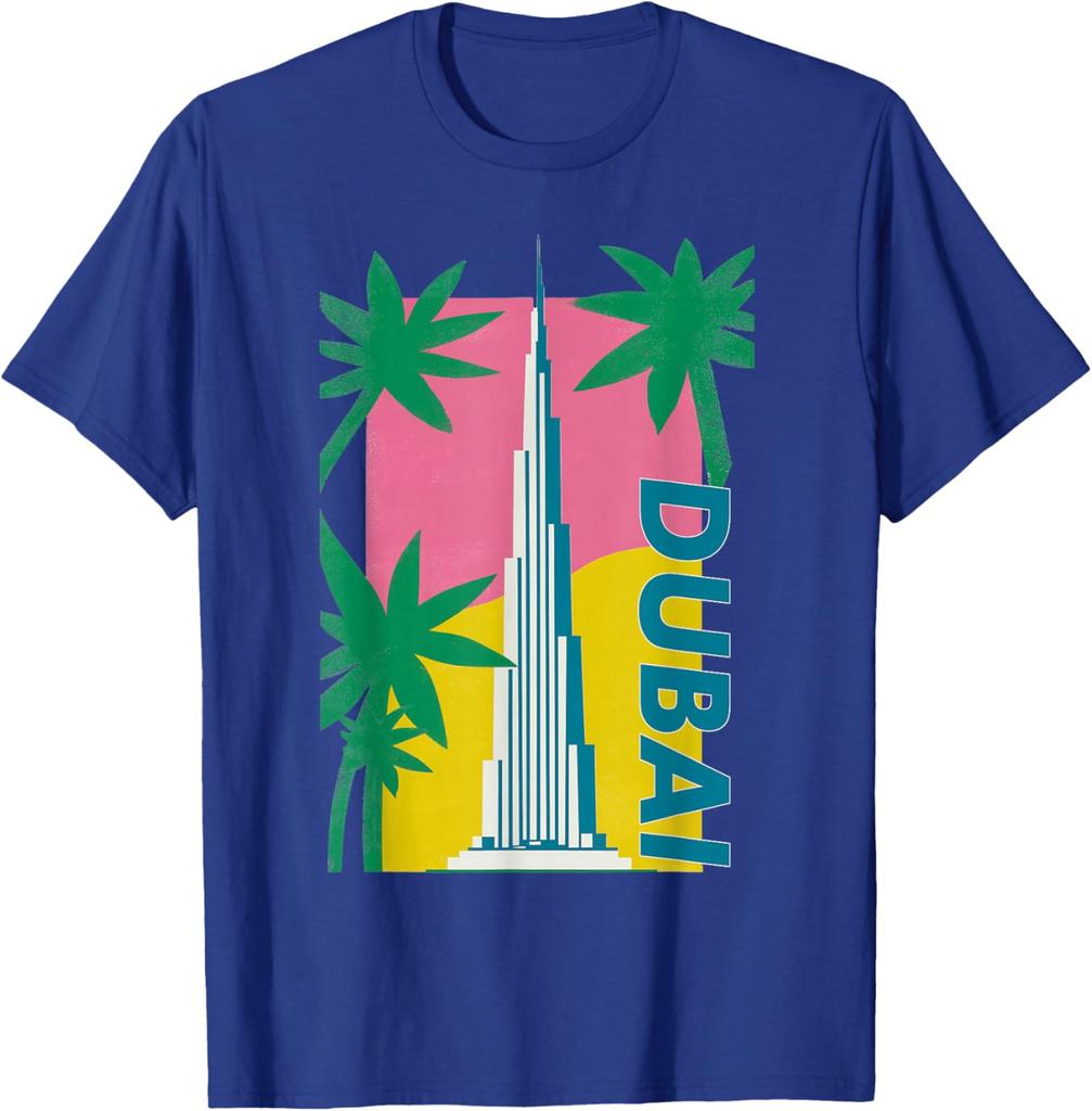 Dubai Burj Khalifa Palm Tree Retro Graphic Tee Men Casual Cotton TShirt