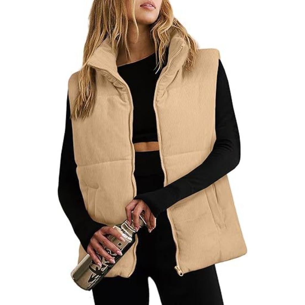 2026 Fall Winter Women's Fashion Casual Corduroy Placket Zip Up Padded Cotton Vest Sleeveless Jacket