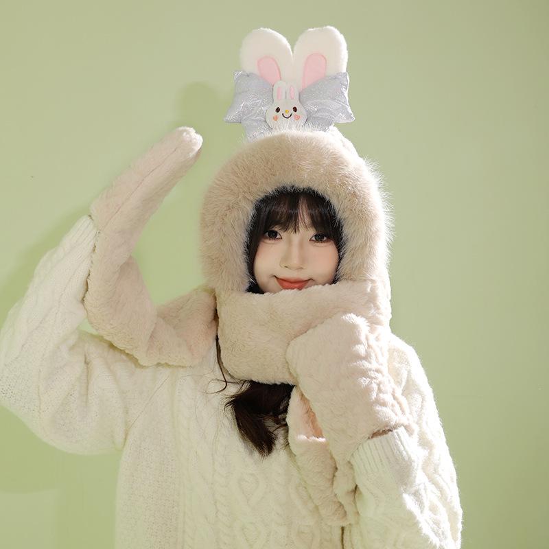 Women's Cozy Fox Ear Plush Hat with Integrated Scarf - Warm, Soft Lei Feng Design for Autumn and Winter. Perfect Ear Protection for Students.