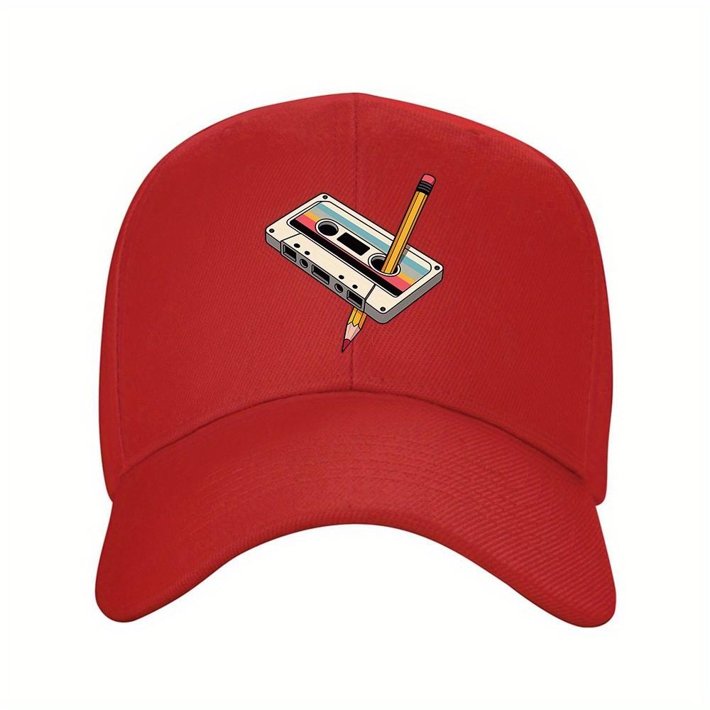 Retro Cassette Tape Pencil Print Baseball Cap Unisex Polyester Adjustable Outdoor Casual Hat