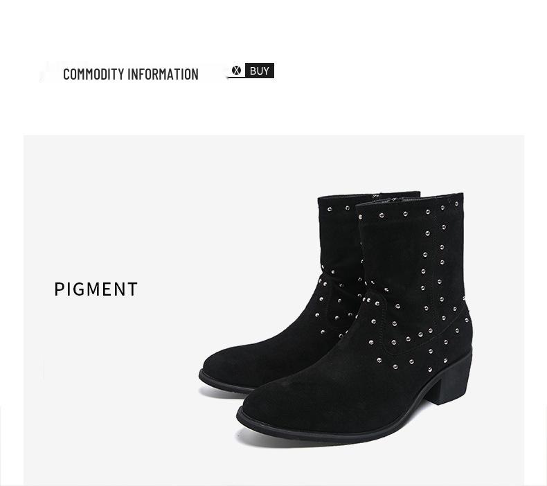 Men's Large Suede Leather Rivet Pointed Toe Ankle Boots - Medium Heel Fashion Knight Boots