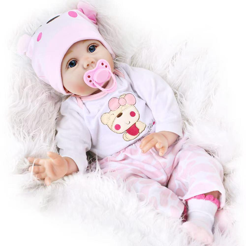 

55cm Cloth Body Vinyl Reborn Doll in Denim Outfit 55 cm рожевий