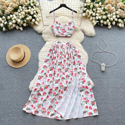 Sweet Print Set Women Short Cami Versatile High Waist Pleat Long Skirt Holiday Sle Two-piece Set