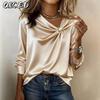 Blusas y camisas de manga larga con cuello en V y estampado de color sólido informal a la moda para mujer