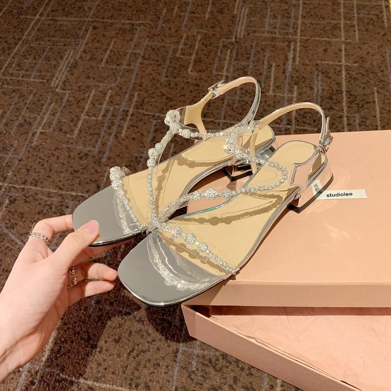 

~ Square head flash diamond word with high heels thick heel sandals women s new summer 34 серебряный