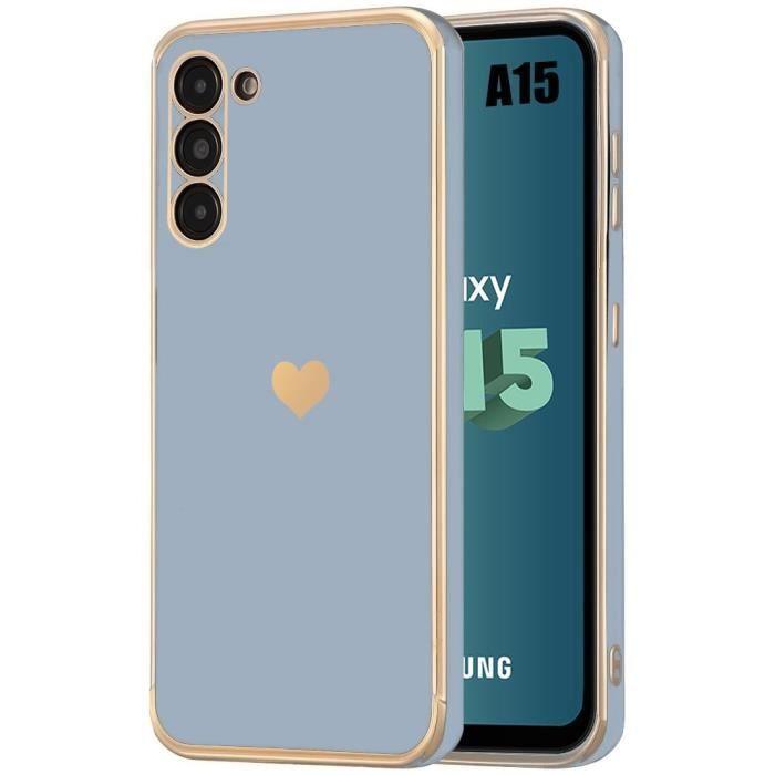 Coque - BOOLING - pour Samsung Galaxy A15 4G-5G - Antichoc - Silicone Liquide - Luxe Bleu Cœur Doré