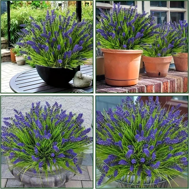 12 Bundles of UV Resistant Artificial Lavender Plants with Monkey Grass - Art Deco Style Fake Flowers for Outdoor Home Garden Decor