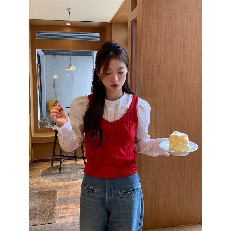 

Kumikumi Sweet Style White Suit Puff Sleeve Shirt Female Autumn Bandage Dress Red Knitting Two-Piece Vest Set Red Cable Stitch vest One size
