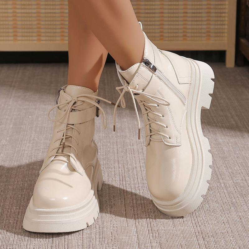 Ghete de gleznă cu platformă din piele PU neagră, Modă pentru femei, Cataramă, Talpă groasă, Ghete de luptă, Femeie, Punk, Cu șireturi, Pantofi de motocicletă, Mujer