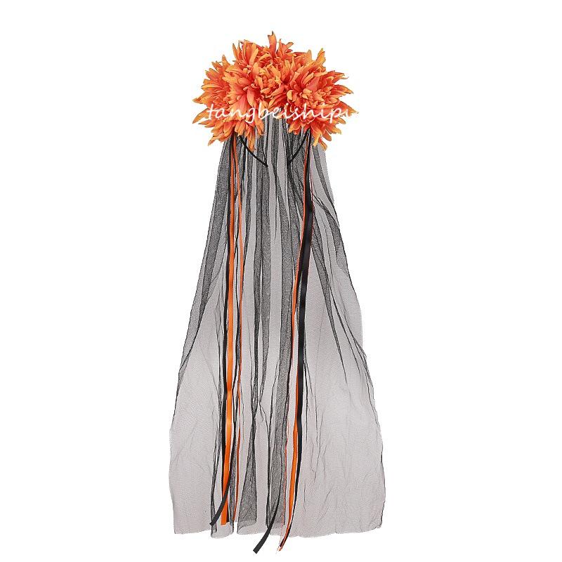 Gothic Halloween Ghost Bride Costume Veil with Dark Purple Flowers