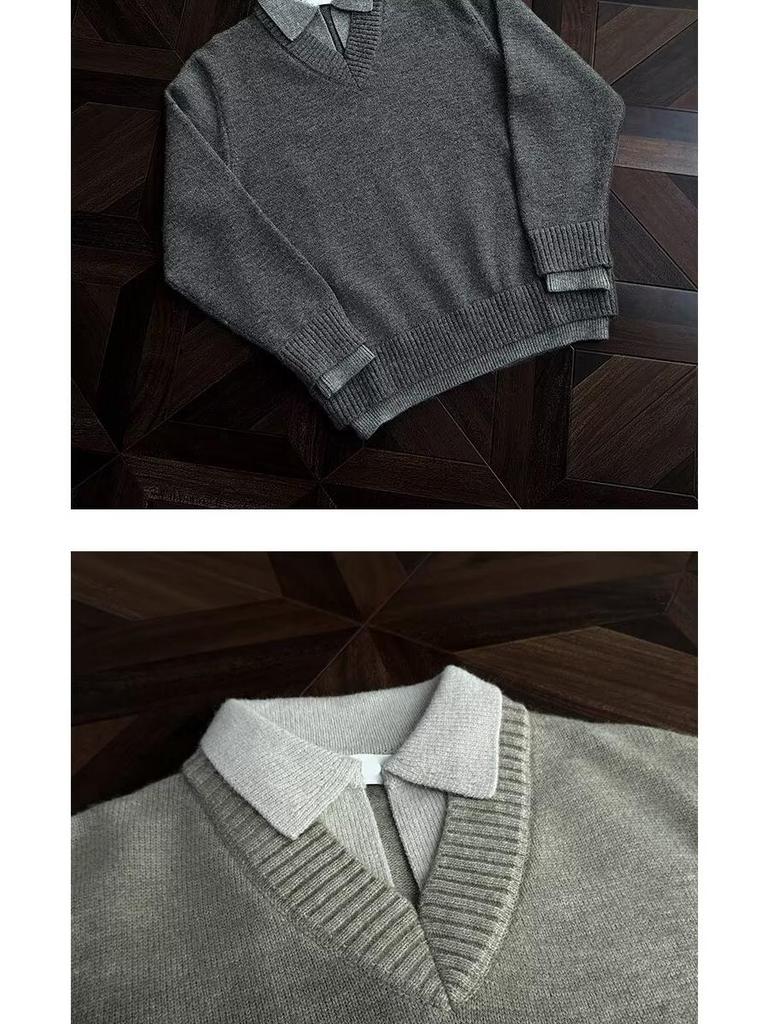 Herren V-Ausschnitt Retro-Stil Strickoberteil - Fake Zweiteiler, Winter Kragen, Lockerer Schnitt