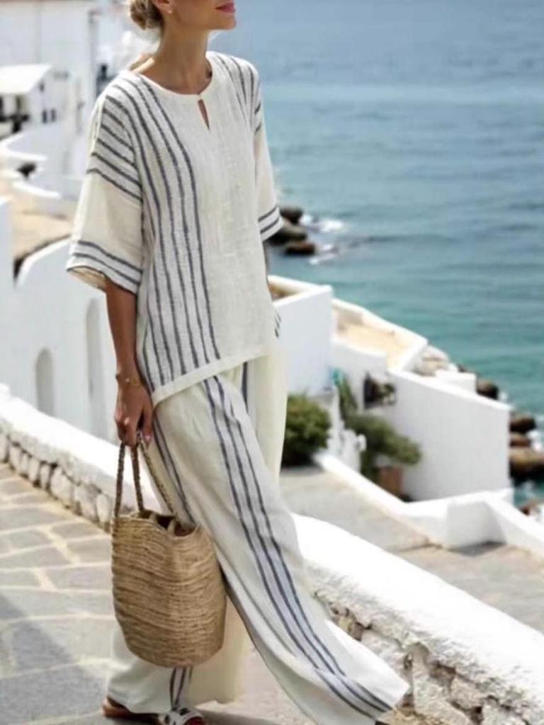 European & American Style Women's 2-Piece Set: Striped Short Sleeve Linen Cotton Top with Round Neck & Casual Pants, 2025