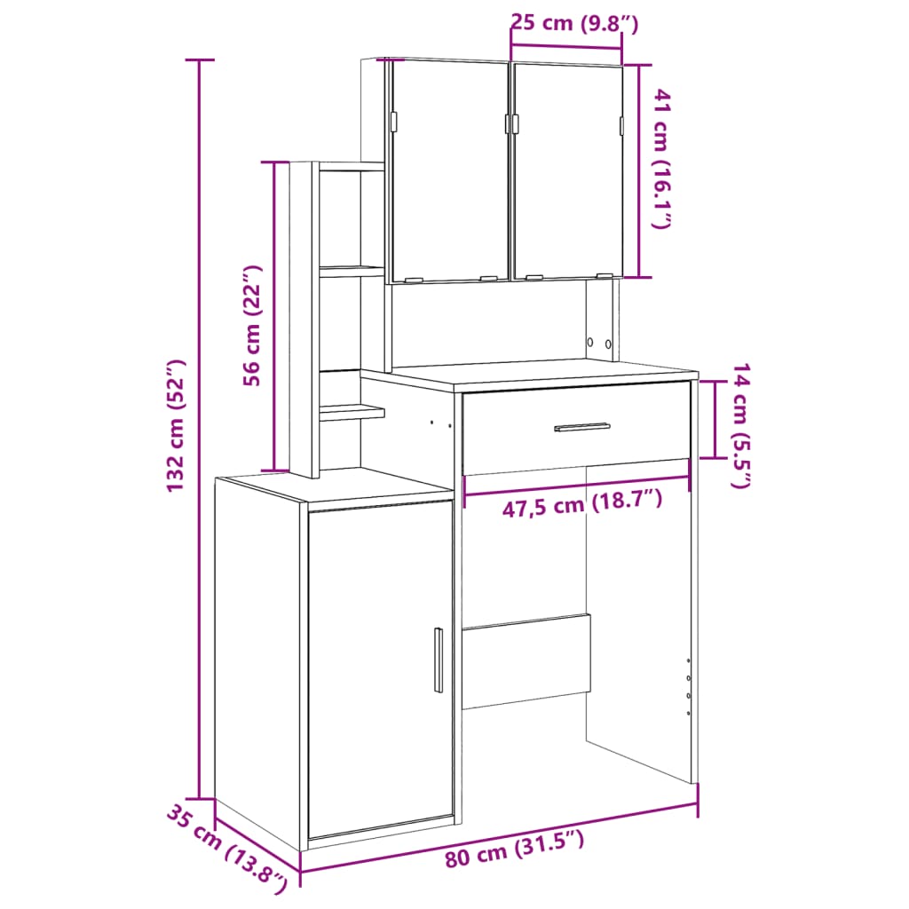 Schminktisch mit Schrank Weiß 80 x 35 x 132 cm