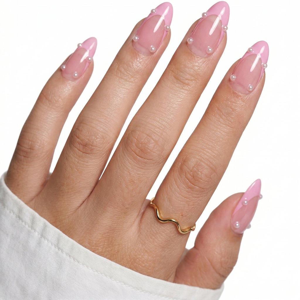 Hochwertige tragbare künstliche Nägel im Mandel-Nude-French-Stil – mittellange und lange Nagelspitzen