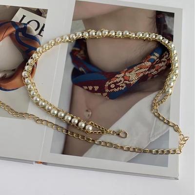 Pearl Belt for Women Korean Skirt with Versatile Retro Sweet Decorative Sweater Shirt Accessories Metal Thin Waist Chain