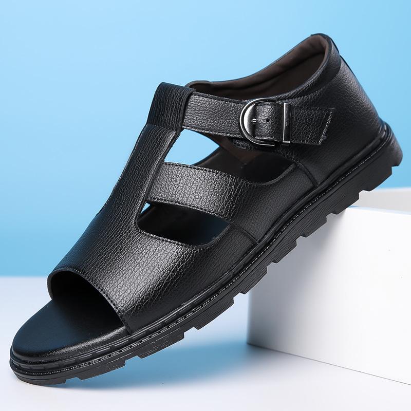 Summer New Men's Business Casual Leather Sandals Hollow Out Breathable Roman Sandals British Flats Shoes
