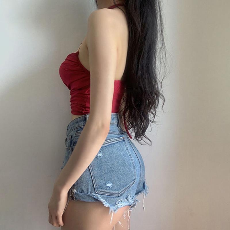 Women Irregular Vest Girls Low Chest Cross Halter Neck Lace Up Short Tank Tops