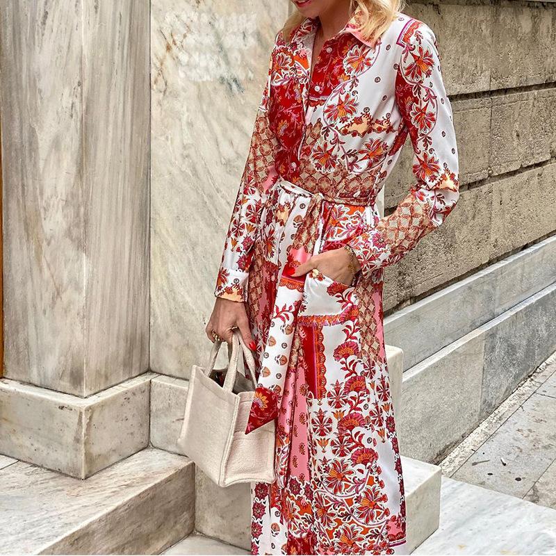 Spring and Autumn Women Dress Fashion Printed Bohemian Long Shirt Dresses