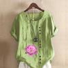 Women's Fashion Round Neck Short Sleeve T-shirt Casual Cotton Linen Graphic Shirt Flower Prined Summer Blouse Tops