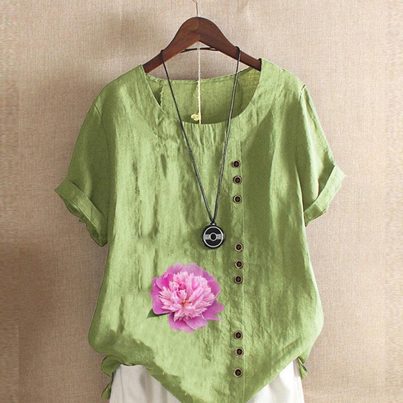 Women's Fashion Round Neck Short Sleeve T-shirt Casual Cotton Linen Graphic Shirt Flower Prined Summer Blouse Tops