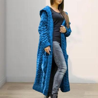 Jachetă pulover pentru femei cu buzunare, lungime mijlocie, tricotată cu glugă, textura răsucită, solidă
