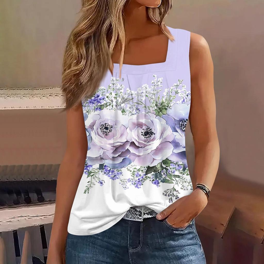 Ärmelloses Tanktop mit plissiertem, quadratischem Ausschnitt und Pflanzendruck für Damen