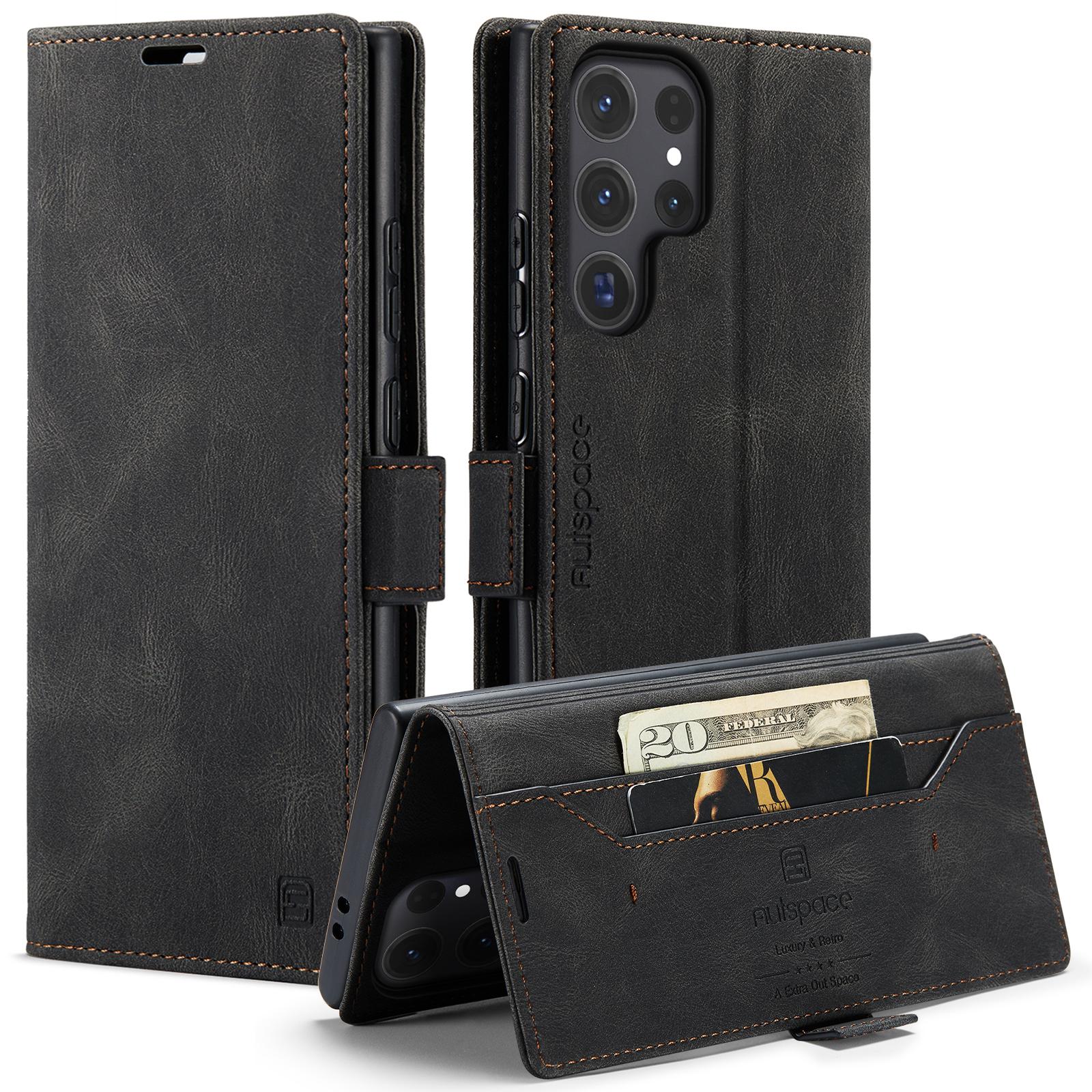 

For Samsung Galaxy S24 Ultra Wallet Case AUTSPACE A01 Leather Stand Cover with RFID Blocking Card Holder Black