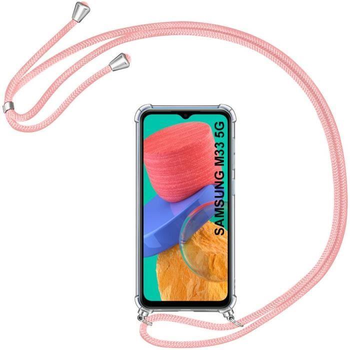 Coque de protection - BOOLING - pour Samsung Galaxy M33 5G - Silicone renforcé - Transparent - Cordon rose réglable