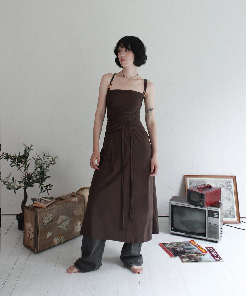 Rubati Shirred Strap Tube Top Dress_Brown