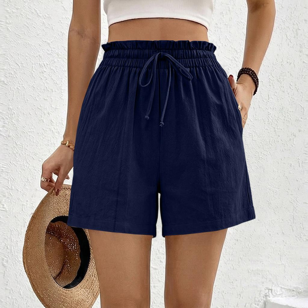 High Waist Drawstring Shorts for Women Loose Fit Elastic Waistband Summer Casual Lightweight Linen Shorts with Pockets