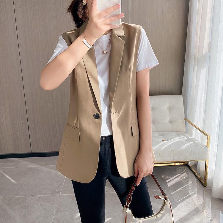 Elegante Fashionável Minimalista Estiloso Roupa Exterior Feminina Tendência Estilo Coreano Blazer Conjunto Colete Fibra de Poliéster