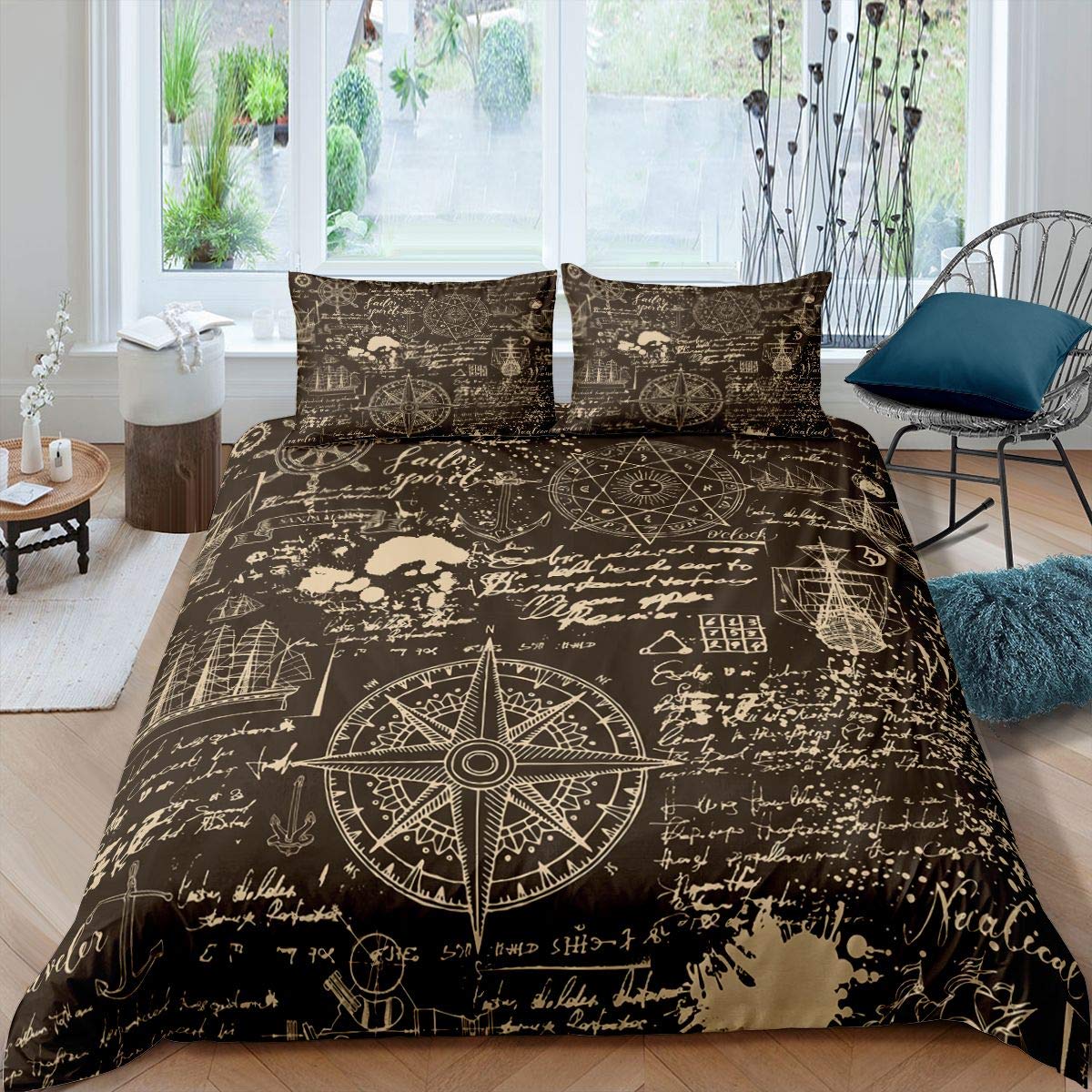 

Comforter Nautical Boat Pirate Bedding Set King Size Retro Sailboat Brown Comforter Anchor Compass Vintage Quilt Set Comforter (quilt)-EU Single(135*200cm)3pcs