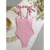 Vintage Pink Floral Print Swimwear Women 2026 Tie Strap V Neck Slim Tummy Control One Piece Swimsuit Beach Holiday Bathing Suits
