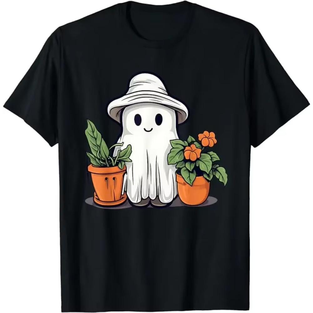 Funny Ghost Ghostly Gardening Plant Retro Halloween Costume T-Shirt Custom Printed Man Summer Classic Streetwear Loose Tops