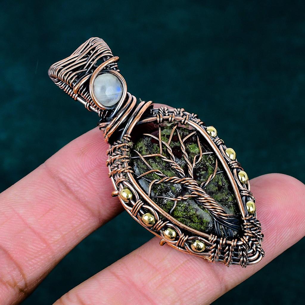 Dragon Bloodstone Pendant Moonstone Jewelry Copper Wire Wrapped Pendant Handmade Gemstone Jewelry Gift for Her Antique Tree of Life Pendant