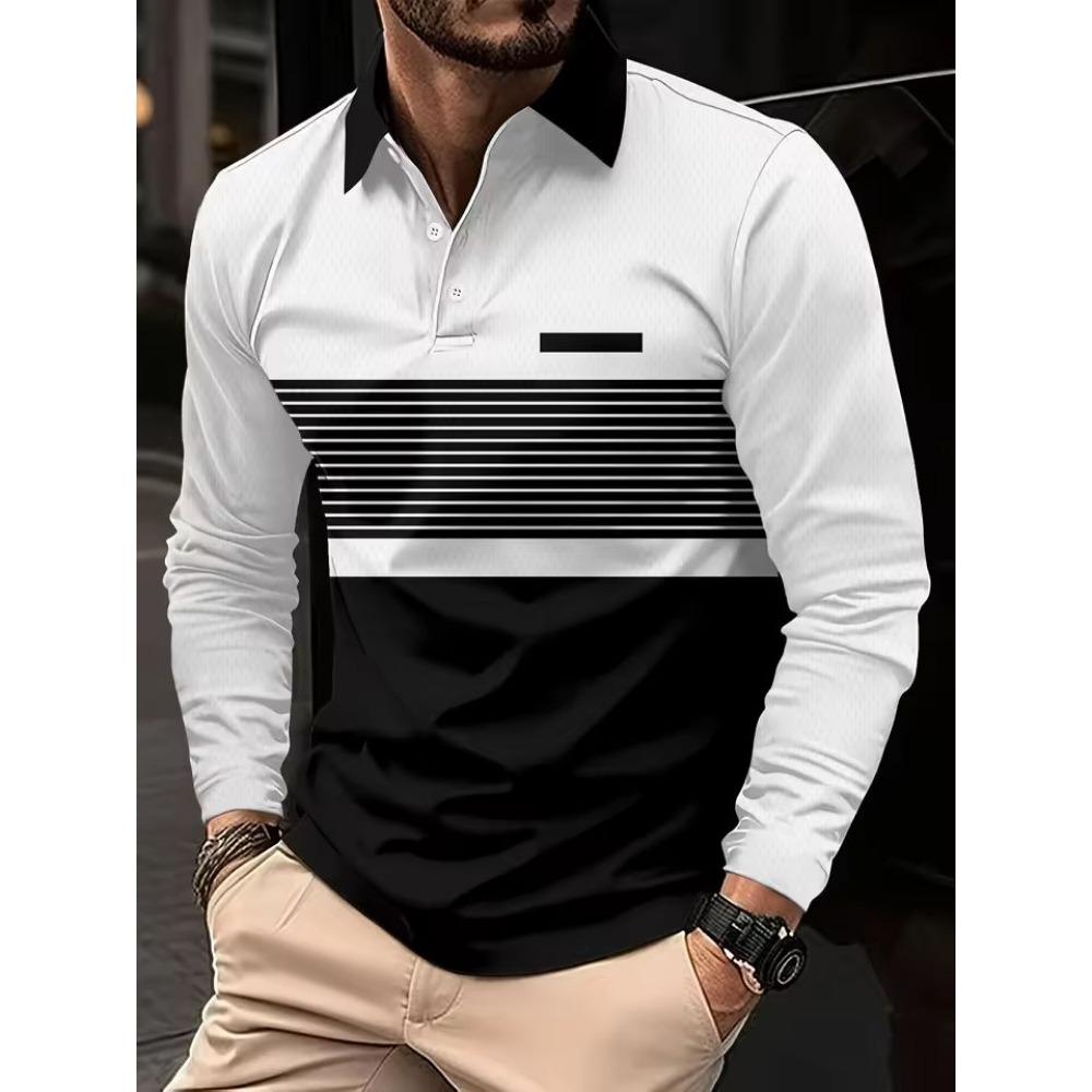 Ew Men Long Sleeve Tshirt Splicing Polos Tee Business Breathable Streetwear Basic Lapel Tops Lightweight T Shirts