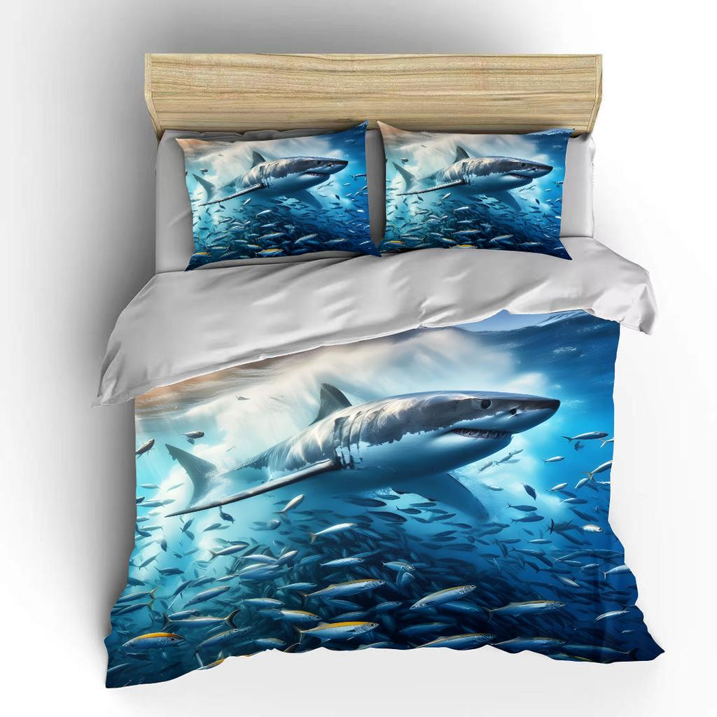 Hai schwimmt durch Fischschwarm Druck Weich Bequem Bettbezug Bettwäsche-Set Enthalten 1*Bettbezug 2*Kissenbezüge