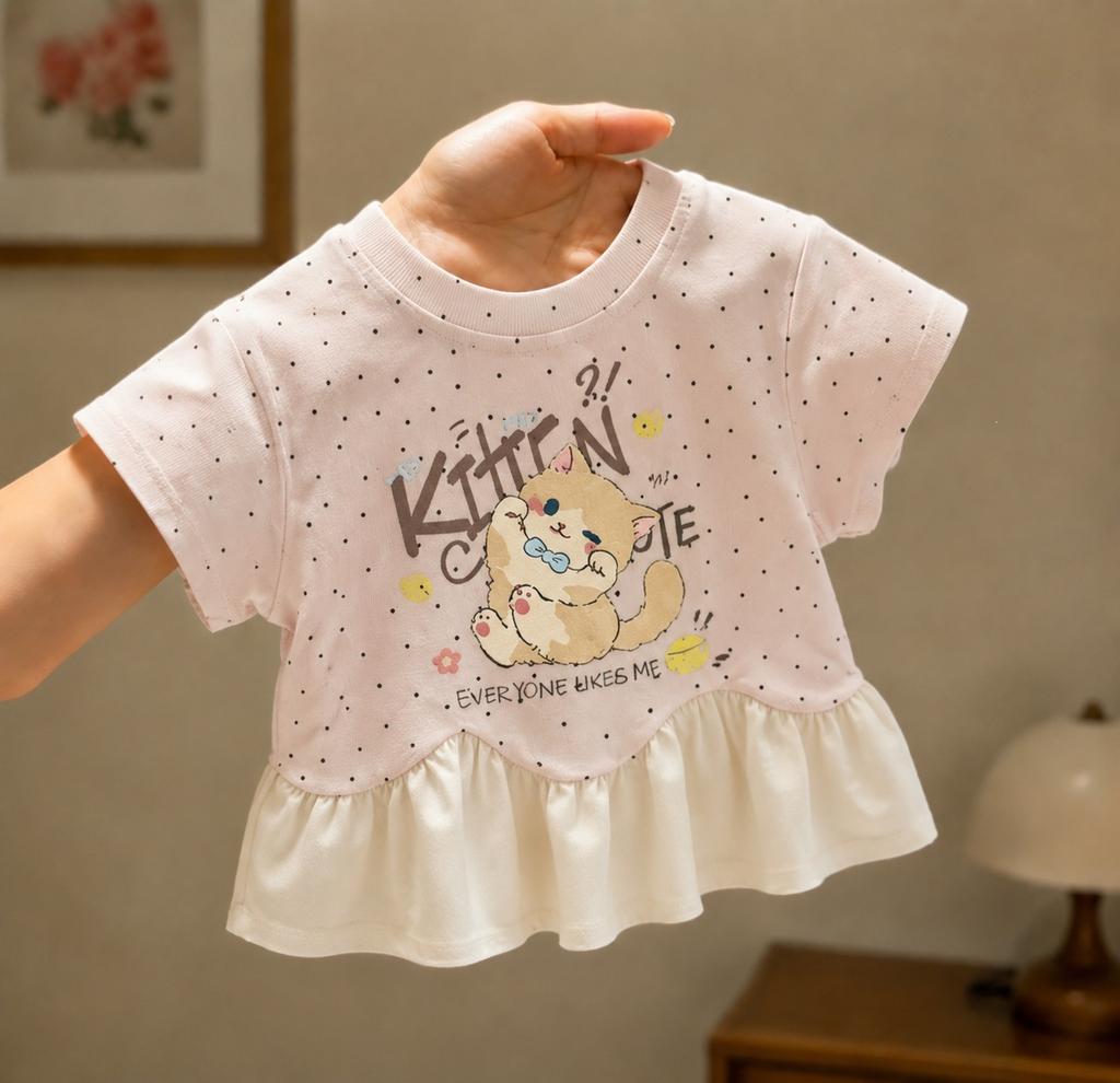 Girls Summer Short Sleeve T Shirt Cotton Polka Dot Applique Top