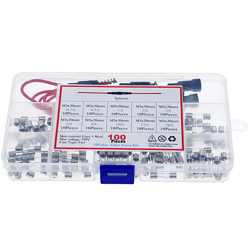 5x20mm Fuse Holder Inline Screw Type with 16 AWG Wire+100pcs Quick Blow Glass Tube Fuse Kit 0.2A 0.5A 1A 2A 3A 5A 8A 10A 15A 20A Fuse Holders1