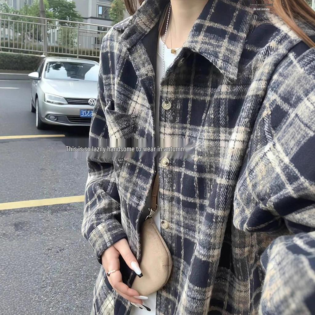 Women's Retro Red Plaid Brushed Shirt Jacket - Long Sleeve Casual Top for Autumn/Winter