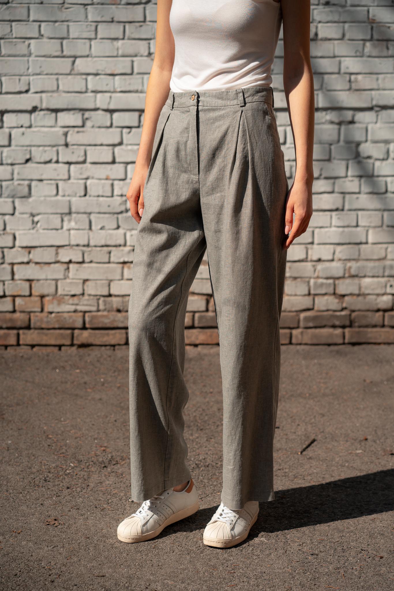 

Широкі лляні штани середньої посадки тканина льон 36 спаржа сірий колір