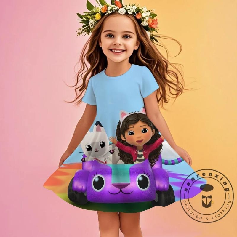 Rochie drăguță cu mânecă scurtă, cu model de desene animate la modă imprimat 3D, Cosplay, Haine pentru fete tinere, Casa de păpuși a lui Gabby, Haine de mare, Dulce