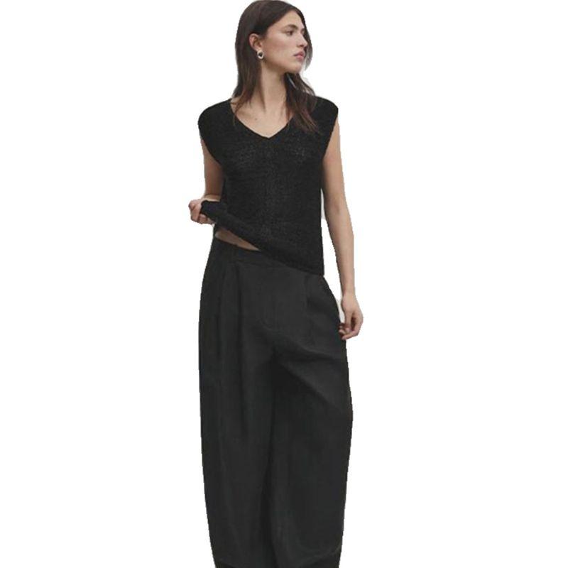 Md2024 Women Clothes Minimalist Black Fashionable Overlapping V-neck Sleeveless Knitted Sleeveless T-shirt Top 05627676800