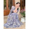 Summer Gentle Wind Pleated Bubble Sleeves Floral Dress High-end Temperament Women's French Waist A-shaped Long Skirt