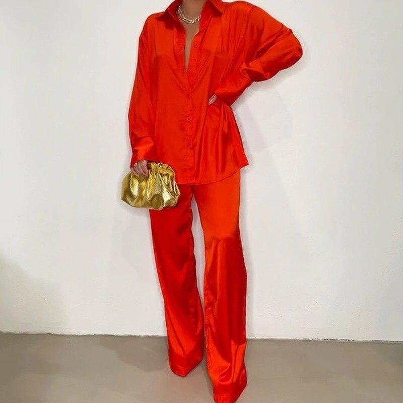 

Повседневная свободная атласная блузка, женские комплекты, элегантный комплект из двух предметов с длинным рукавом, женская рубашка, прямые брюки, костюм, женские однотонные топы XL красный