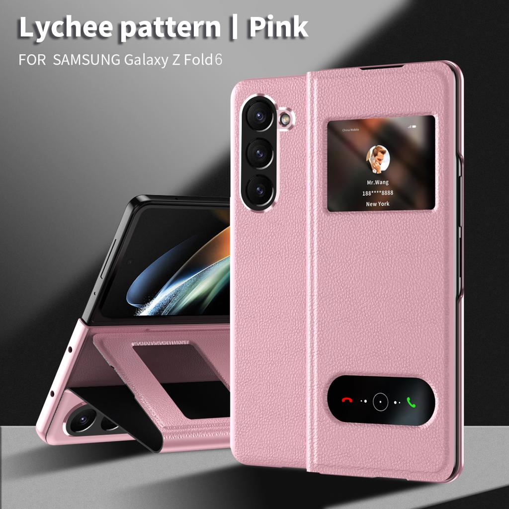 Business PU Leather Window Preview Phone Cover for Samsung Galaxy Z Fold 6 5 4 3 2 Case Hidden Bracket Foldable Holder Stand