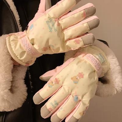 Cartoon Cute Small Bear Print Riding Ski Gloves Women Touchscreen Thicken Cold Resistant Glove Winter Warm Waterproof Mittens