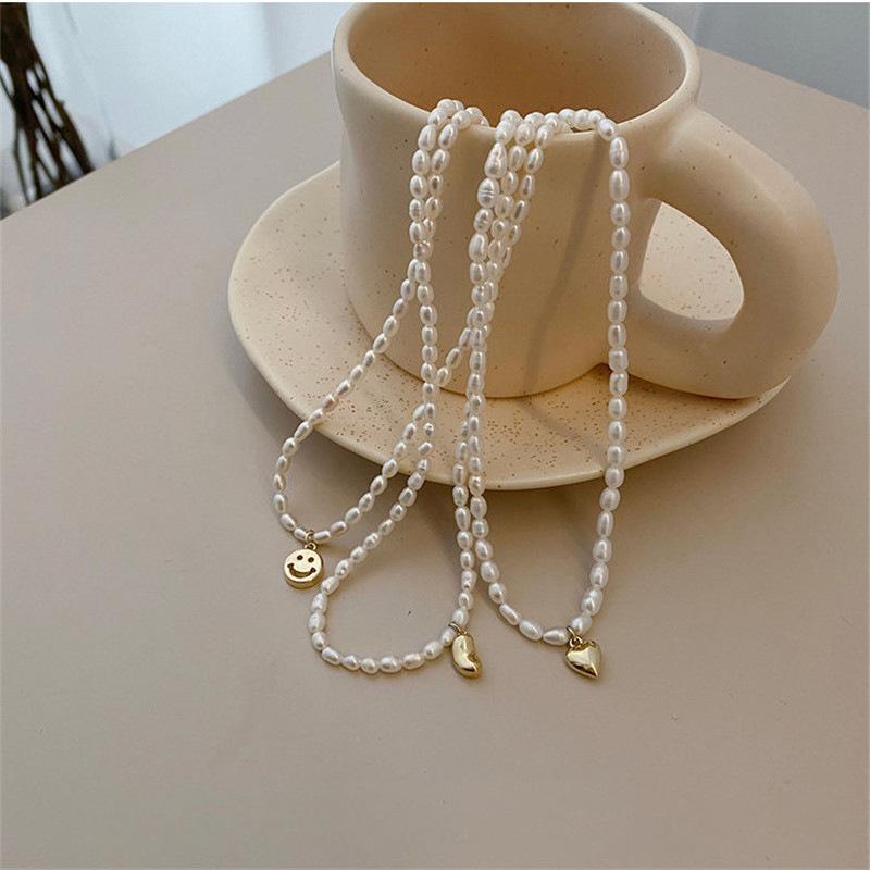 French Retro Freshwater Pearl Smiley Heart Pendant Necklace - Korean Style Women's Choker