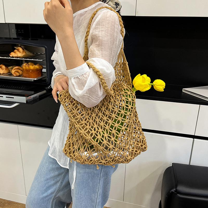 Und-Gewebte Tasche Damen Handgefertigt Hohl Handtasche Damen Schultertasche Großes Fassungsvermögen Sommer Lässig Reise Strand Tragetasche Geldbörse